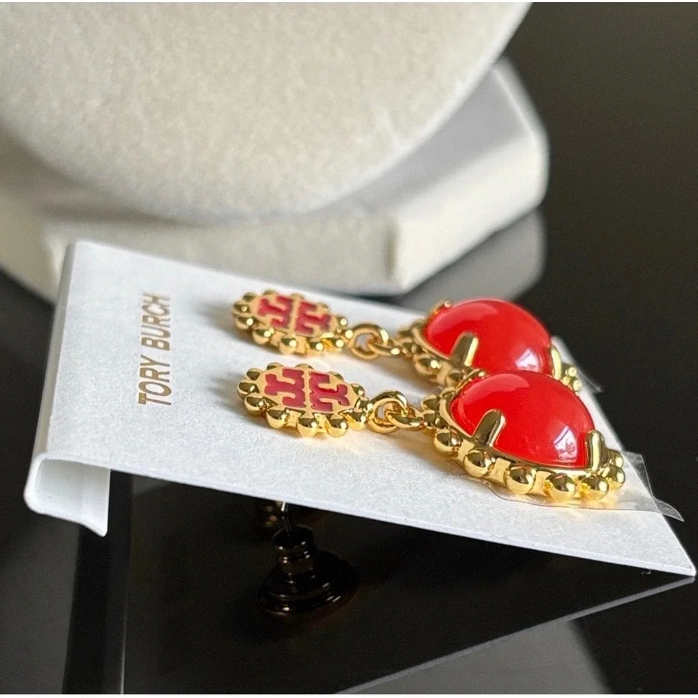 Tory Burch Miller Roxanne Drop Earrings Red Gold Logo Enamel Cabochon Dangle NWT